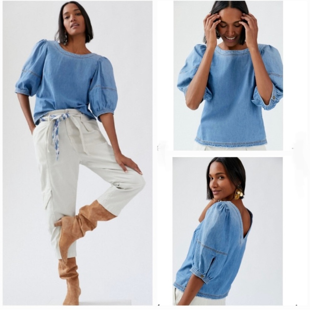 Anthropology Pilcro Denim Puff Sleeves Blouse M
